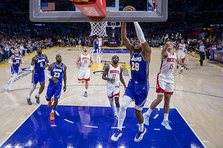 Los Angeles Lakers’ Rui Hachimura (28) goes past Houston Rockets’ Reed Sheppard (15) to the basket during Game 5 of a first-round NBA playoff series at Crypto.com Arena on Wednesday, April 29, 2026 in Los Angeles.