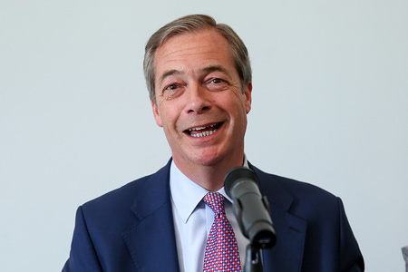 Leader of Brexit Party Nigel Farage is seen speaking during the Brexit Party's press conference for the European election campaign in Westminster. 
The UK will take part in the European elections taking place on 23 May 2019.