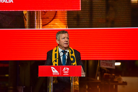 CEO of Australian Olympic Committee Matt Carroll speaks during the Welcome Home event for Australian Olympic Team returning from Paris. Official Australian Olympic Team arrival "Welcome home" party at Qantas Hangar 96, as Australian Olympians disembark Qantas "Go Aussies" Dreamliner jet in Sydney Airport. The team, wearing "green and gold", was greeted by Australian government officials, sports officials, Qantas staff, media and family members.