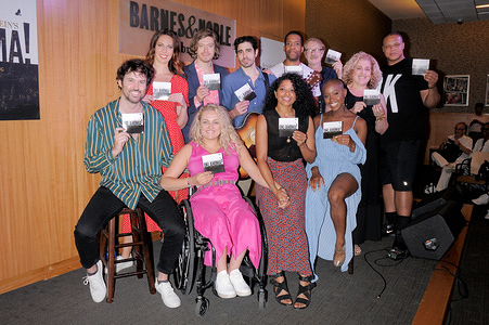 (Rear row L-R) Mallory Portnoy, Patrick Vaill, Damon Daunno, Anthony Cason, Mitch Tebo, Mary Testa, Will Mann, (Front row L-R) James Davis, Ali Stroker, Rebecca Naomi Jones and Gabrielle Hamilton attend the Rodgers & Hammerstein's Oklahoma! CD release celebration at Barnes & Noble 86th Street in New York City.