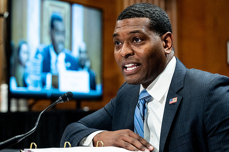 Michael Regan, Administrator of the Environmental Protection Agency, speaking at a hearing of the Senate Environment and Public Works committee at the U.S. Capitol.