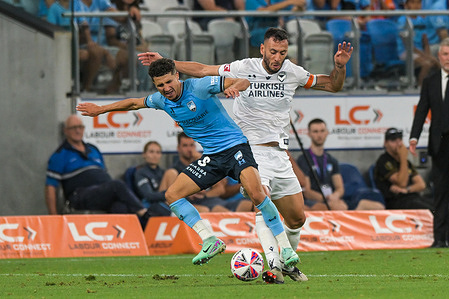 Anas Ouahim (L) of Sydney FC and Roderick Miranda (R) of Melbourne Victory seen in action during the Isuzu UTE A-League 2024-25 season round 10 match between Sydney FC and Melbourne Victory FC held at the Allianz Stadium. Final score Sydney FC 3:0 Melbourne Victory.
