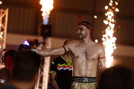 Tome Kokarevshi approaches the ring during the Muay Thai bout at the Elite Fight Series presented by Explosive Fight Promotions at the Fred Moule Exhibition Centre.