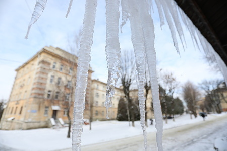 Ice seen hanging from the roof of the building.
Temperature has dropped to -20c in the city of Lviv in western Ukraine.