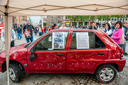 General view of a car full of bullets. A vehicle representing five-year-old Hind Rajab and her family, who were killed during an Israeli army attack in the Tel al-Hawa area of Gaza in January 2024, has been exhibited in the Netherlands.