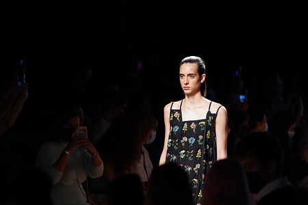 A model walks the runway at the Duarte fashion show during Mercedes Benz Fashion Week Madrid September 2021 at IFEMA in Madrid.