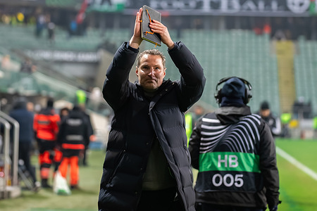 Brian Priske coach of Sparta Praha celebrates a win during the UEFA Conference League match between Legia Warszawa and Sparta Praha at Marshal Jozef Pilsudski Legia Warsaw Municipal Stadium. Final score : Legia Warszawa 0:1 Sparta Praha.