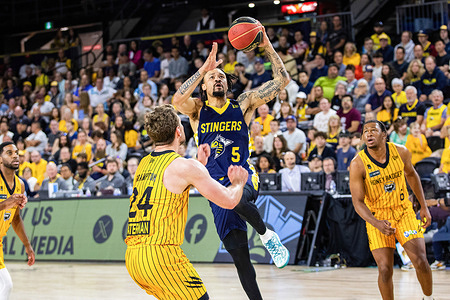 Edmonton Stinger (C) Trey Mcgowens hits the air over Brampton Honey Badger (L) Zane Waterman and (R) David Walker in 2024 CEBL action.Brampton Honey Badgers (6-9) 79:99 Edmonton Stingers (11-4)