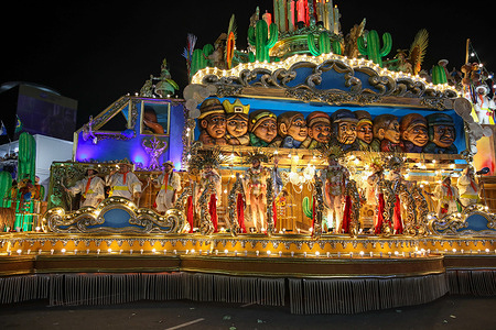 One of the floats of the Acadêmicos de Niterói samba school is seen parading in the Sambadrome, in Rio de Janeiro, Brazil. The theme of the school's 2026 parade focused on Brazil's current president, Lula.