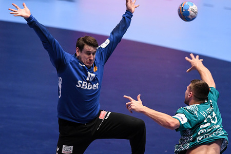 GRAZ, AUSTRIA - JANUARY 13 2020: Nebojsa Simic of Montenegro seen in action during the handball match between National teams of Montenegro and Belarus in Group A of Men's EHF EURO 2020 in Graz.