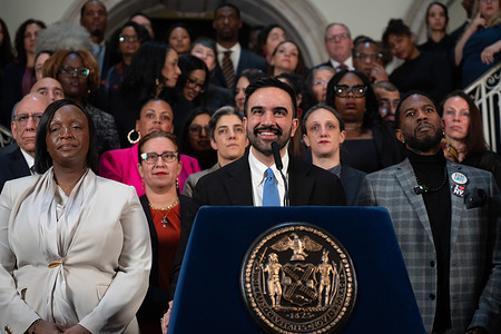 New York City Mayor Zohran Mamdani smiles beside Renita Francois after appointing her as Deputy Mayor for Community Safety during a press conference at City Hall on Thursday, March 19, 2026 in New York, New York.