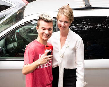 Cynthia Nixon campaigning for the Democratic party nomination for Governor of New York State on Primary Day near P.S. 165 located on the Upper West Side of New York City.