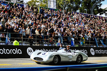 Franco Colapinto drive the historical “Flecha de Plata” car of Juan Manuel Fangio seen during the Franco Colapinto Road Show 2026 at Buenos Aires, on April 26 2026 in Buenos Aires, Argentina A massive road show took place in Buenos Aires, drawing 600,000 attendees and marking the return of Formula 1 to the city after 14 years. An Argentine driver became the first to drive an F1 car through the city streets.