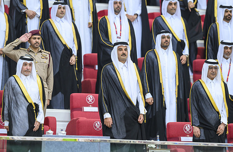The Amir of the State of Qatar, Sheikh Tamim bin Hamad Al Thani (C) stands during the national anthem during the Amir Cup 2026 Final match between Al Sadd SC and Al Gharafa SC at Khalifa International Stadium. Final score; Al Sadd SC 1 : 4 Al Gharafa SC.