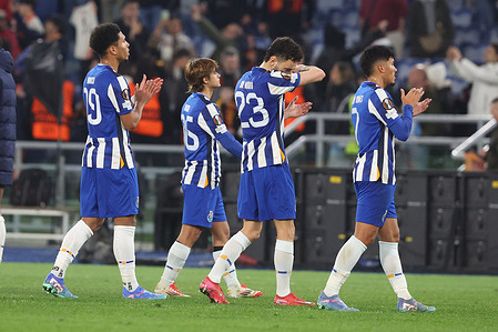 Disappointment Porto players; Danny Namaso, Rodrigo Mora, Joao Mario and ‘William Gomes seen at end of the Uefa Europe League 2024-2025 football match, play-off between AS Roma and FC Porto at Olympic stadium. Final score Roma 3 : 2 FC Porto. (Roma moved into the next round on aggregate winning 4 : 3)