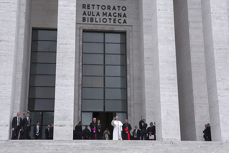 Pope Leo XIV greets students upon his arrival at Sapienza University, Rome's first university.