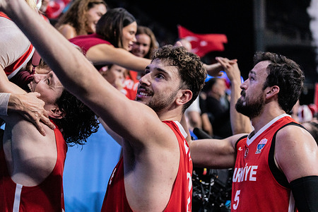 Alperen Sengun (L) and Sertac Sanli (R) of Turkiye clebrate after winning the semifinal of the FIBA EuroBasket 2025 between Turkiye and Greece at Arena Riga. Final score Turkiye 94: 68 Greece.