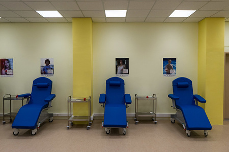 Blood donation chairs at a donation centre.
Blood donation is an act of altruism and social sensitivity, blood cannot be produced by any means. It can only be donated from person to person. Blood donation services are responsible for the quality control and safety of blood at all stages of its treatment.