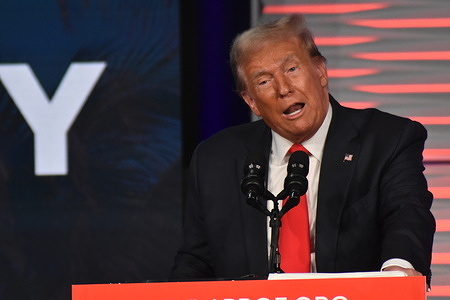 Former President of the United States Donald J. Trump delivers remarks at the Republican Party of Florida's Freedom Summit in Kissimmee. Former US President Donald J. Trump commented on the Israel-Hamas war and Governor of Florida Ron DeSantis.