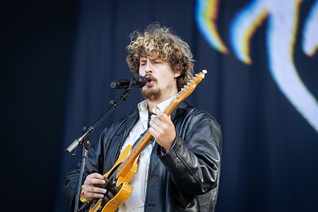 Joe Love, guitarist and vocalist of Fat Dog band performs live on stage during the Rock en Seine festival. Fat Dog, the english band performed in the last day of the Rock en Seine 2025 music festival at the Domaine National Parc de Saint-Cloud.