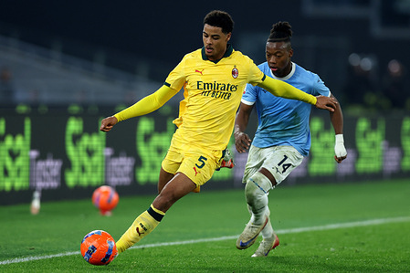 (L) Koni De Winter of Milan, (R) and Tijjani Noslin of Lazio seen in action during the Coppa Italia Frecciarossa 2025-2026 round of 16 - football match between SS Lazio vs AC Milan at Olympic Stadium. Final score: Lazio 1-0 Milan