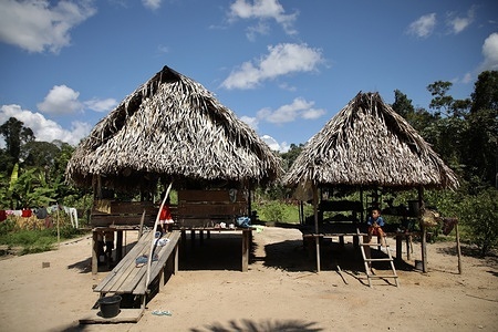 The traditional hats on stilts of the Kaxinawá people in Mucuripe. Mucuripe is an isolated village of the indigenous Kaxinawá people, located ten hours by boat from the nearest town, Tarauacá, in the Brazilian state of Acre.