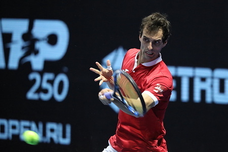 Albert Ramos-Vinolas of Spain seen in action during a match against Marin Cilic of Croatia at the St. Petersburg Open, 2021 tennis tournament at Sibur Arena.
(Final score: Marin Cilic 2:0 Albert Ramos-Vinolas)