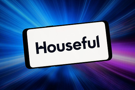 In this photo illustration, the logo of British property company Houseful Limited is displayed on a smartphone in front of abstract background on computer screen.