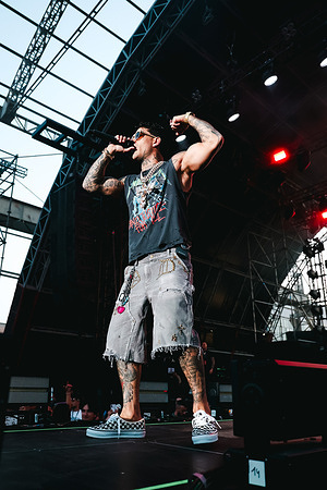 Tony Effe performs in concert during the Summer Tour 2025 at Carroponte in Milan.