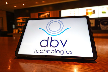 In this photo illustration, the DBV Technologies logo is displayed on the screen of a tablet.