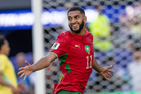 Ismael Saibari of Marocco celebrates after scoring a goal during FIFA World Cup 2026 football match between Brazil and Marocco at Meadowlands Stadium (East Rutherford). Final score; Brazil 1:1 Marocco.