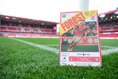 Matchday programme on the pitch prior to kick off during the Premier league football match between Nottingham Forest and Chelsea FC. Final score; Nottingham Forest 0-3 Chelsea FC