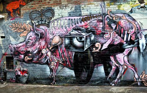 Street art in the Hosier Lane area of Melbourne. Hosier Lane is the Granddaddy of laneway art commissions in Melbourne and is arguably where the city's street art reputation was earned. It's saturated with colorful creations, on walls, pavements, roads and even dustbins.