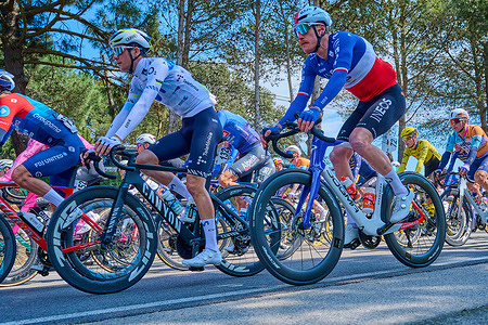 Cian Uijtdebroeks (BEL) of Movistar Team and Dorian Godon (FRA) of Team Ineos Grenadiers compete during the 105th Tour of Catalonia Volta Ciclista a Catalunya 2026, stage 1, cycling race, over 172,8 km starting and finishing in Sant Feliu de Guíxols city.