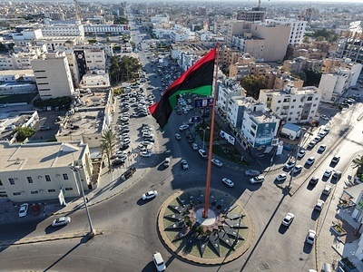 (EDITOR'S NOTE: Image taken with a drone)
A general view of the central square featuring the city’s prominent flagpole. The image shows urban infrastructure and parts of the surrounding cityscape under clear skies offering a glimpse into the city’s evolving landscape and public spaces.