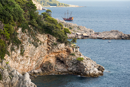 Steep and rocky shoreline of the Adriatic Sea seen in Dubrovnik.