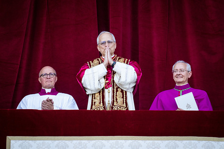 Newly elected Pope Leo XIV appears on the balcony of St. Peter's Basilica.