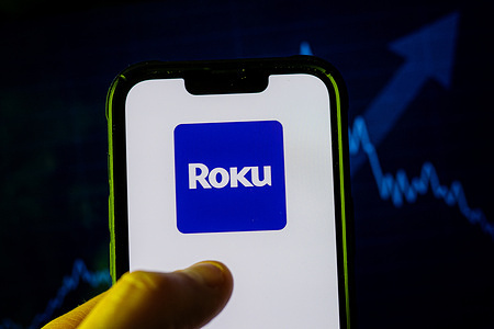 In this photo illustration, a Roku logo seen displayed on a smartphone.