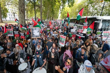 Thousands of protesters march during the National March for Palestine in central London. Thousands of people marched through central London during the National March for Palestine. Organised by the Palestine Coalition, the demonstration assembled at Victoria Embankment and proceeded towards Whitehall, marking three years since the escalation of the war in Gaza. Organisers call on the UK government to stop arming Israel and take further action in support of Palestinian rights.