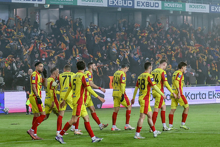 Players of Korona Kielce celebrate after scoring a goal during Polish League PKO BP Ekstraklasa 2025/2026 football match between Korona Kielce and Zaglebie Lubin at Exbud (Kielce). Final score; Korona Kielce 1:2 Zaglebie Lubin.
