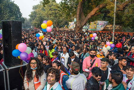 A crowd of participants is seen during the Delhi Queer Pride 2022-23 parade in New Delhi. Members of the LGBTQ community took to the streets to join the 13th year of the Delhi Queer Pride March after almost a three year suspension due to the Covid-19 pandemic.