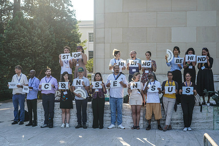 Activists hold placards during a demonstration on the sidelines of the ongoing Intergovernmental Negotiating Committee (INC-5.2) talks calling for an ambitious global plastics treaty. The activists representing various civil society organizations across the world are demanding a treaty that addresses the full life cycle of plastics including caps on production and restrictions on chemicals of concern among other issues.