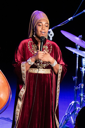 American jazz singer Jazzmeia Horn performs during the JAZZMADRID concert at the Fernanda Gómez Theatre in Madrid.