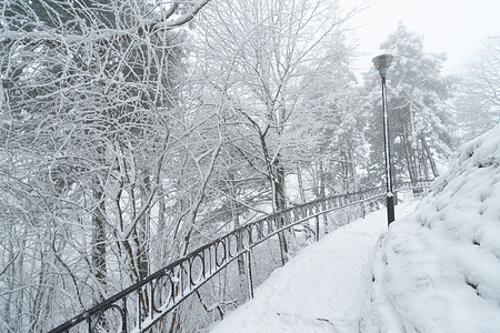 An observation deck at Lviv High Castle covered with snow.