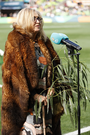 Wurundjeri elder Aunty Joy Murphy gives a welcome to country before the FIFA Women's World Cup Australia & New Zealand 2023 Group match between Nigeria and Canada at Melbourne Rectangular Stadium. The game ended in a draw 0:0.