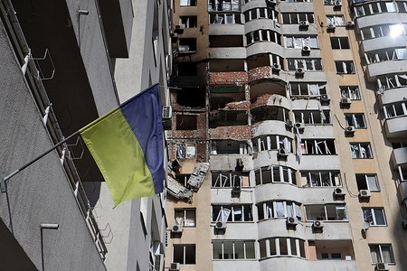 A residential building stands damaged with traces of fire burnt after Russian drone and missile attack. According to President Zelenskyi, Russian army launched more than 400 drones and 40 missiles into Ukraine last night. In addition to the capital, nine regions were under attack.