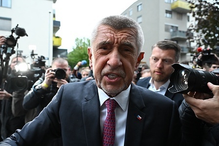 Andrej Babis, former Czech prime minister and leader of ANO party seen arriving at the election headquarter of ANO party in Prague after polling stations of Czech parliament election closed. ANO party won elections as per latest elections polls, followed by coalition SPOLU led by current Czech prime minister Petr Fiala.