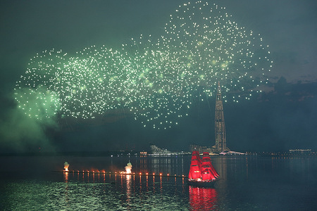 A brig with scarlet sails floats on the Neva River as fireworks explode during the Scarlet Sails celebration.
Scarlet Sails is annual festival marking the school graduation. This year festival was held in Gulf of Finland instead of the City Center to prevent the spread of coronavirus COVID-19, embankments was closed for spectators but was translated on TV.