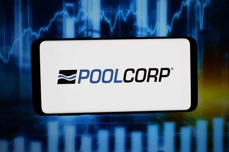 In this photo illustration, the logo of US business Pool Corporation (Poolcorp) is displayed on a smartphone in front of abstract background on computer screen.