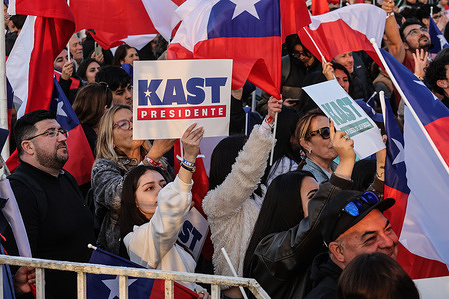 Supporters of the far-right presidential candidate Jose Antonio Kast (not in picture) attend the closing campaign event in these Chilean presidential elections. The far-right presidential candidate Jose Antonio Kast held one of his first campaign closing rallies with thousands of supporters in the city of Viña del Mar.